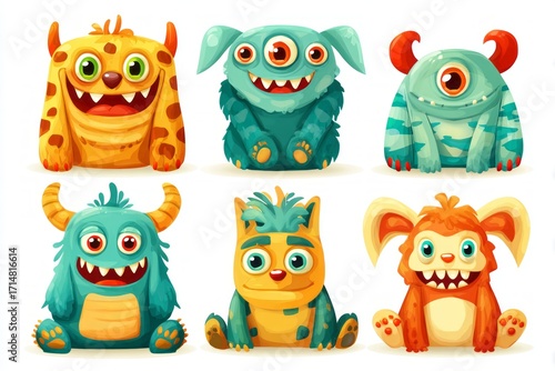 Wallpaper Mural Six whimsical cartoon monsters displaying cheerful expressions. Each monster has a unique color and design, showcasing their friendly and playful nature Torontodigital.ca