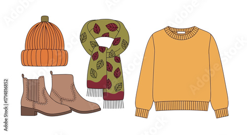 Fashionable autumn clothing featuring a beanie, scarf, boots, and sweater for a stylish and cozy fall wardrobe