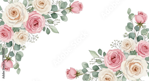 Watercolor rose and eucalyptus corner arrangement, perfect for wedding invitations, cards, or creative designs