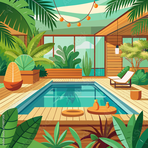Modern spa-inspired indoor swimming pool surrounded by lush tropical plants and lounge chair