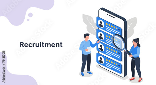 Online recruitment concept showing a man and a woman using a mobile phone to search for candidates