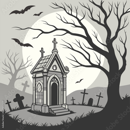 Haunted Graveyard with Crypt — Spooky Monochrome Vector for Gothic Halloween Poster and T-shirt