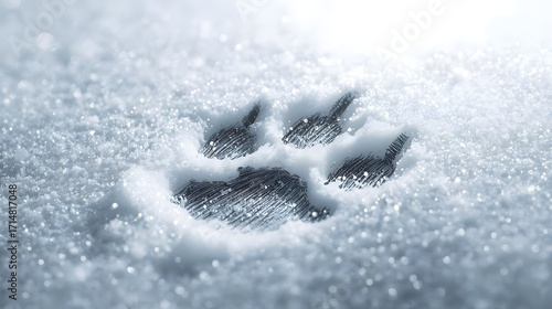 Paw Print in Snow: A detailed close-up reveals a solitary paw print pressed into the pristine surface of fresh snow, evoking a sense of quiet winter beauty and the presence of unseen wildlife.