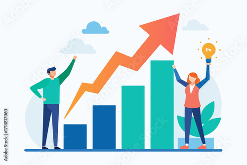 A confident businessman and a woman celebrate their financial success, a concept illustrated by a 3D growth chart with an upward arrow