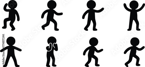 Stickman silhouette set showing multiple human body poses including running, walking, standing, cheering, and emotional gestures