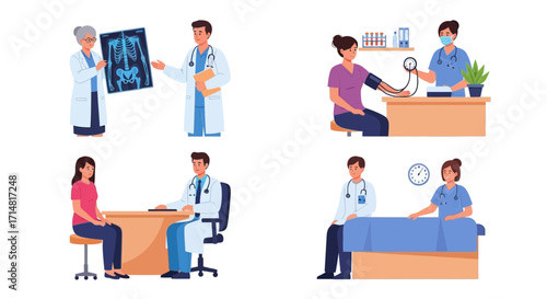 Medical consultation and examination scene with doctor and patient, xray analysis, blood pressure check