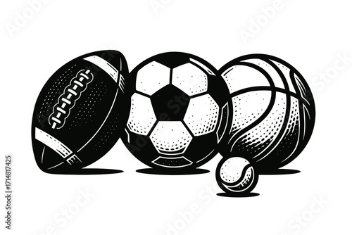 High Contrast Black and White Vector Illustration of Sports Ball Collection — American Football, Soccer Ball, Basketball, and Tennis Ball, Hand Drawn Engraving Sketch Style