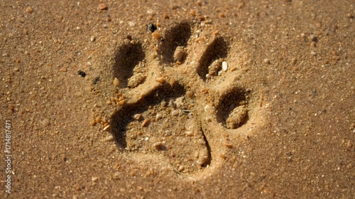 Paw Print in Sand: A detailed, close-up shot of a single paw print embedded in soft, textured sand, capturing the essence of a wild, free spirit wandering through the environment.