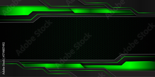 Abstract black and green polygon with green glow lines on dark steel mesh background with free space for design. 