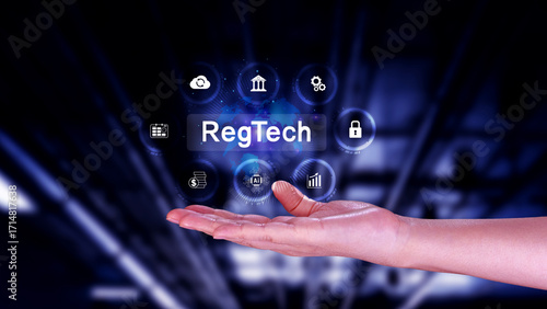 Regtech, Regulatory technology concept, management of regulatory processes with financial industry through technology, Regulatory monitoring, reporting and compliance, Machine learning tech.