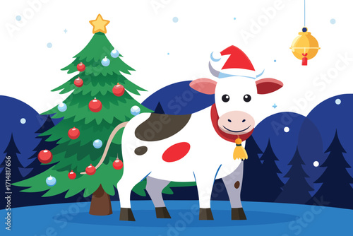 Festive cow wearing santa hat next to decorated christmas tree