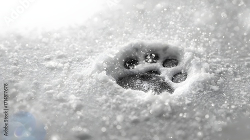 Paw Print Impression: A detailed close-up captures the stark beauty of a single paw print, pressed deeply into a layer of glistening snow, revealing a fleeting moment in the untamed wild.