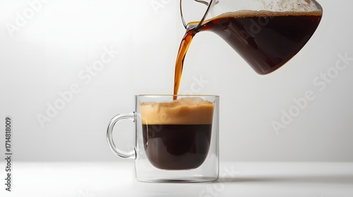 Pouring Coffee: A perfect coffee pour fills a clear glass mug from a stylish carafe, showcasing the rich, dark color and inviting texture of the fresh brew. A scene of daily indulgence
