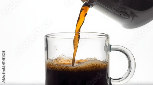 Pouring Coffee: A close-up captures the art of pouring fresh coffee from a carafe into a clear glass mug, highlighting the rich color and aroma of the beverage.