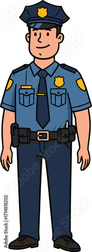 Cartoon police officer in uniform standing upright with badge, hat, utility belt, vector illustration for law enforcement and safety design