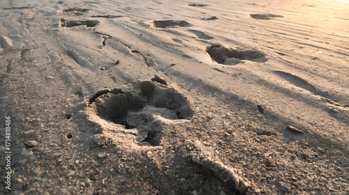 Traces of Time on the Shore: A close-up captures the fleeting imprints left behind by an unknown passerby on the textured, sun-kissed sands of the beach.