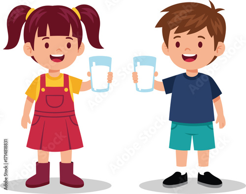 PrintCartoon children drinking milk, happy boy and girl illustration, healthy lifestyle, kids nutrition concept, dairy beverage, smiling friends, childhood wellness
