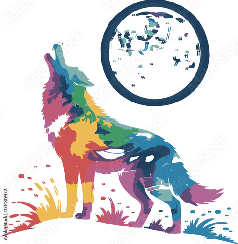 Colorful Wolf Howling at the Moon in Abstract Style