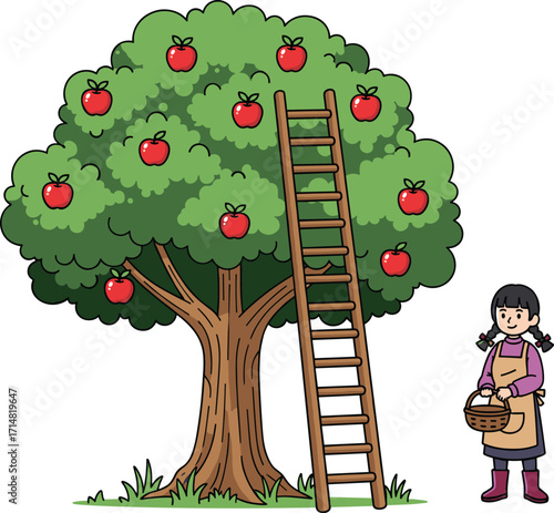PrintGirl harvesting apples, child holding basket, apple tree with ladder, fruit picking, fresh orchard, countryside farming, agriculture, healthy lifestyle illustration