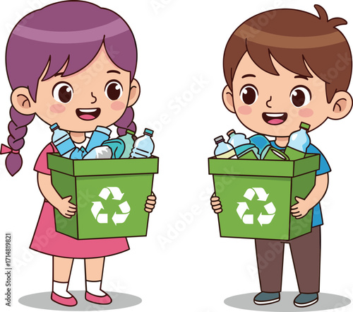 PrintKids recycling plastic bottles, children holding recycle bins, eco friendly lifestyle, save environment, sustainability, waste management, green living, nature care