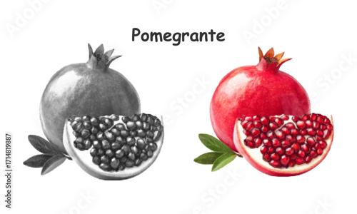 Vector illustration of pomegranate fruit with whole and half cut showing juicy red seeds, comparison of colorful and monochrome drawing, halftone technique, healthy food design and botanical detail