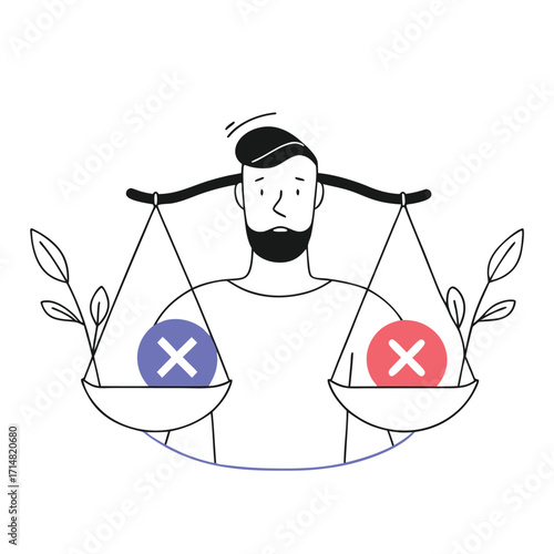 Man weighing pros and cons with scales and crosses, making critical decisions