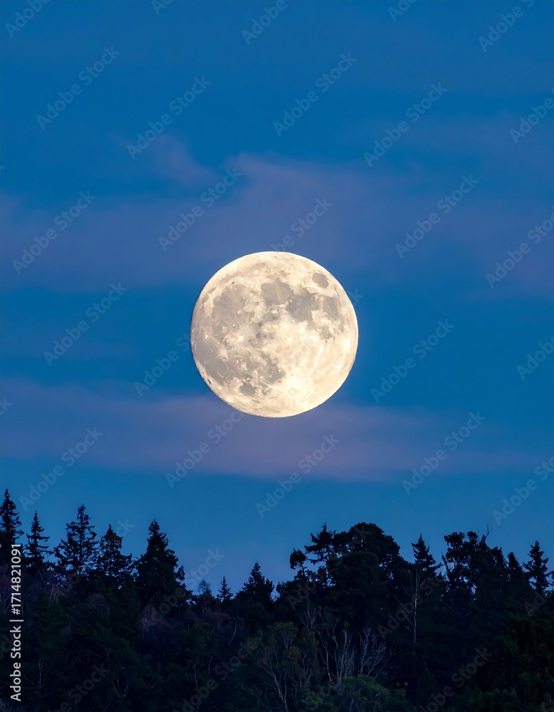 Fototapeta premium Full moon rising over dark silhouettes of trees