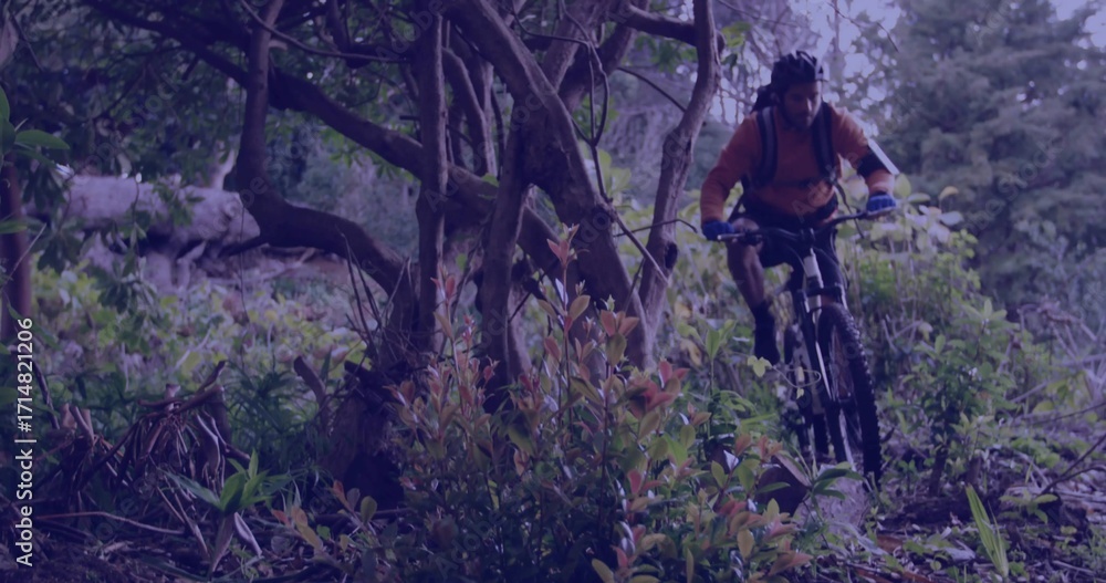 Naklejka premium Riding mountain biker wearing orange jersey on forest trail with water pack and helmet, copy space