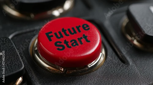 Finger Presses a Red Button with future Start Text on a Control Panel, Symbolizing New Beginnings and Strategic Business Initiatives
