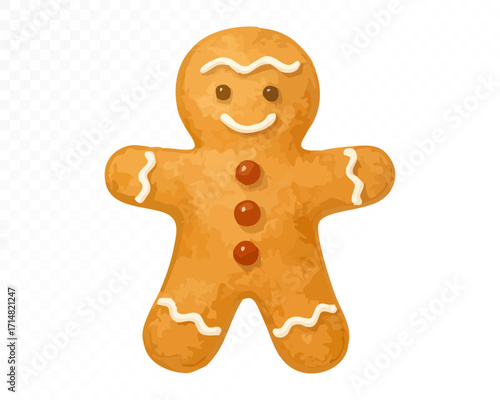 Watercolor Christmas gingerbread man cookie with white icing details, smiling face and red candy buttons, festive holiday sweet decoration. Vector illustration.