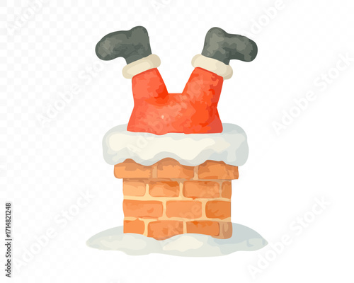 Watercolor Santa Claus stuck upside down in snowy brick chimney with red suit, black boots and belt, funny festive Christmas holiday illustration. Vector illustration.