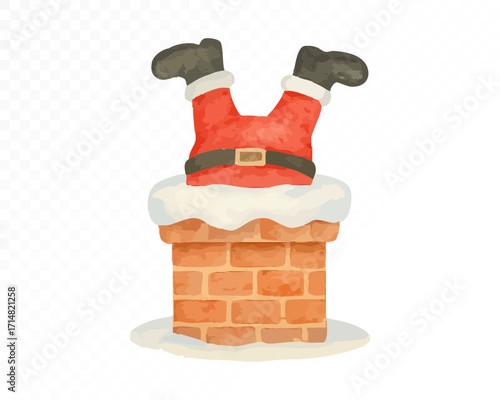 Watercolor Santa Claus stuck upside down in snowy brick chimney with red suit, black boots and belt, funny festive Christmas holiday illustration. Vector illustration.