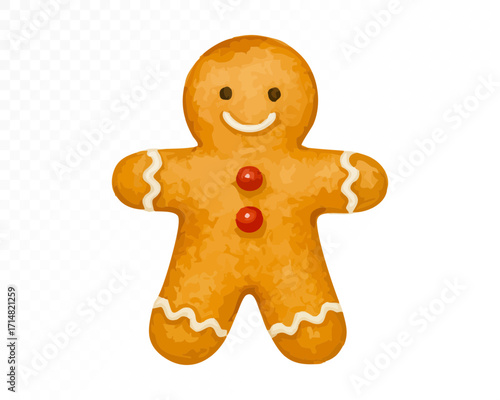Watercolor Christmas gingerbread man cookie with white icing details, smiling face and red candy buttons, festive holiday sweet decoration. Vector illustration.