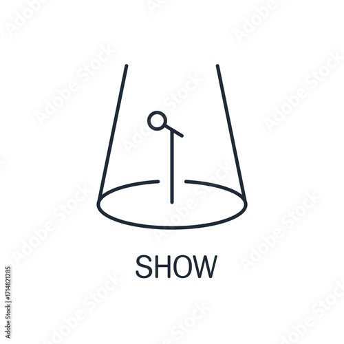 Illuminated stage with a microphone. Event, action show. Vector linear icon illustration isolated on white background.