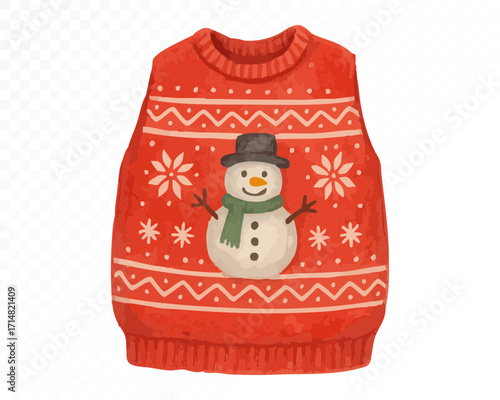 Watercolor Christmas red knitted vest with smiling snowman in black hat and green scarf, decorated with festive snowflakes and patterns. Vector illustration.