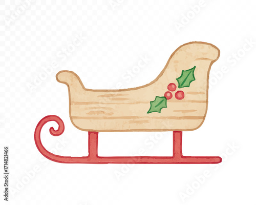 Watercolor Christmas sleigh in light wood with red runners, decorated with green holly leaves and red berries, festive holiday winter transport. Vector illustration.