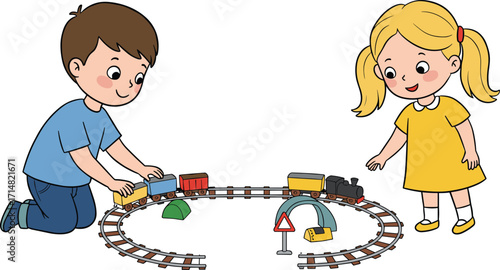 Two cartoon children playing with toy train set on floor, fun indoor activity, imaginative play, colorful vector illustration for kids