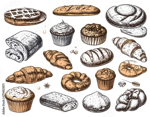Assorted baked goods, hand-drawn style