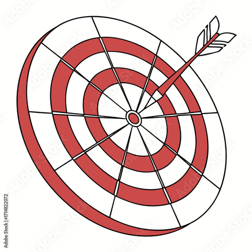 A red and white dartboard with a single dart perfectly hitting the bullseye in the center