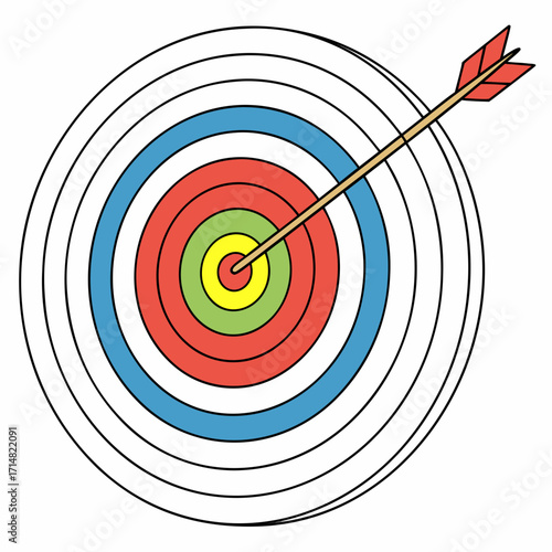 Colorful archery target with arrow hitting bullseye representing success and precision