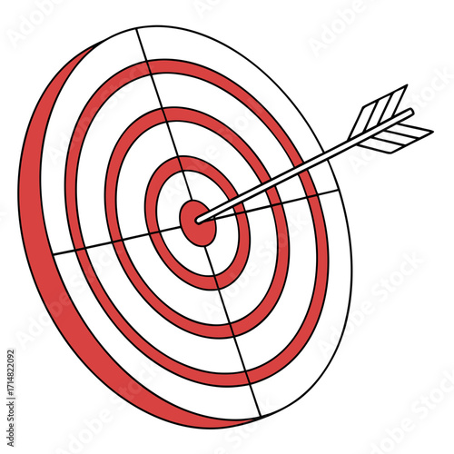 A single arrow perfectly hitting the bullseye of a red and white circular dartboard target