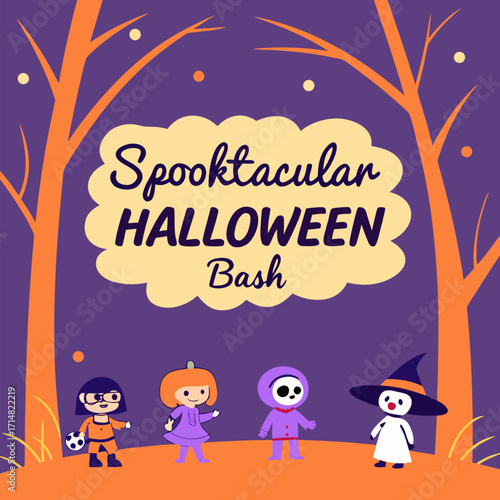 Cute Halloween Party Invitation with Kids in Costumes - Spooktacular Vector Flyer Template