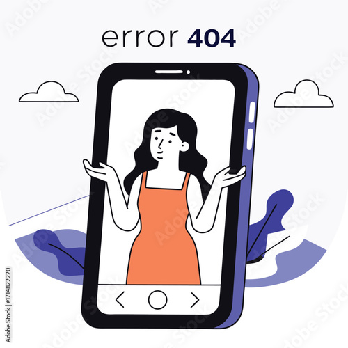 Confused woman appears on phone screen with 'error 404' message