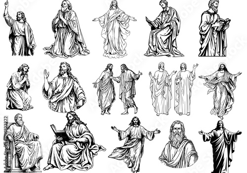 A collection of detailed black and white line art illustrations depicting Jesus Christ in various poses and scenes, showcasing his teachings, blessings, and interactions.