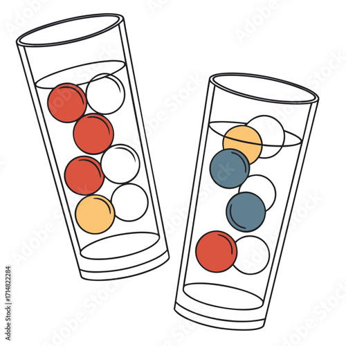 Two tall glasses filled with colorful marbles and white spheres on a white background