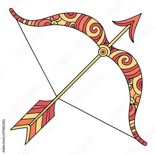 Decorative sagittarius zodiac symbol bow and arrow with swirling patterns in warm tones