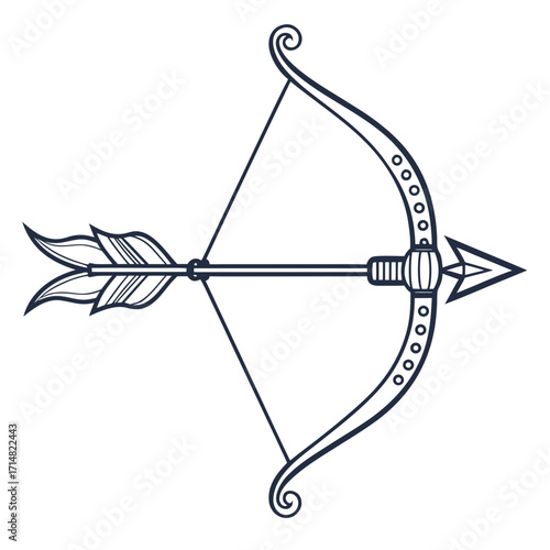Elegant outline illustration of a bow and arrow with decorative flourishes and feather fletching