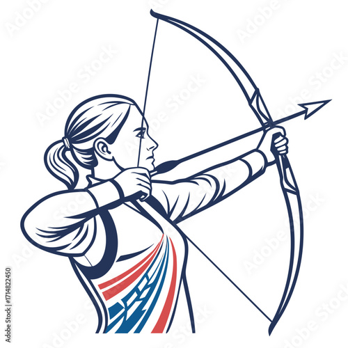 Focused female archer aiming bow and arrow with determined expression in stylized illustration