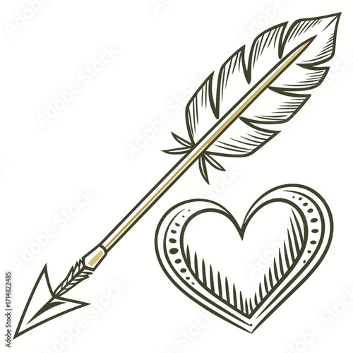 Hand drawn arrow with feather piercing a decorative heart symbol on white background