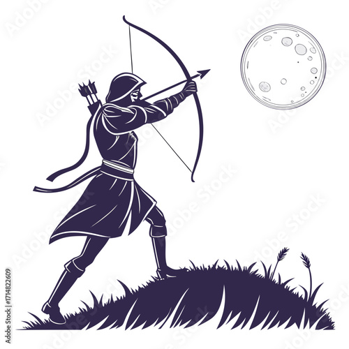 Mysterious archer silhouetted against a full moon on a grassy hilltop